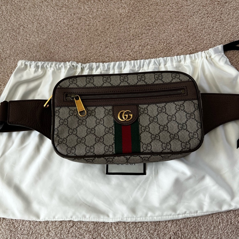 Gucci GG Supreme Web Canvas Belt Bag in Beige with Green & Red Stripe - Picture 2 of 13